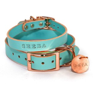 Personalized Light Blue Leather Dog Collar, Copper/Rose Gold Tone Buckle, With Embossed Name & Solid ID Tag Hanging